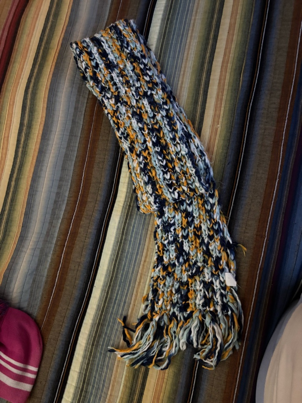 Handmade Knit Fringe Scarf in Navy, Mustard & Cream